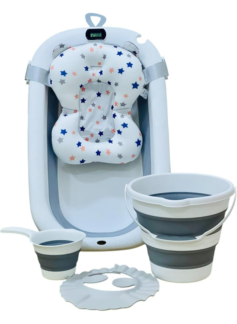 5-in-1 Foldable Baby Bathtub Set with Digital Temperature Sensor – Complete Bathing Kit with Anti-Slip Tub, Soft Cushion, Collapsible Bucket, Scoop & Shower Visor – Safe & Space-Saving Design for Newborns to Toddlers - Image 4